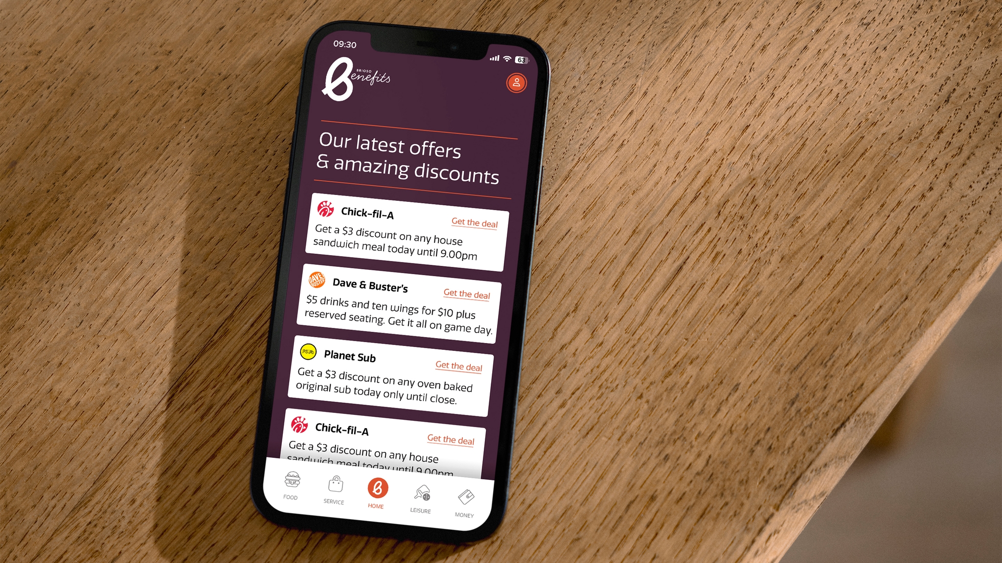 Brios Benefits App dashboard displayed on an iphone and showing all of the latest offers.